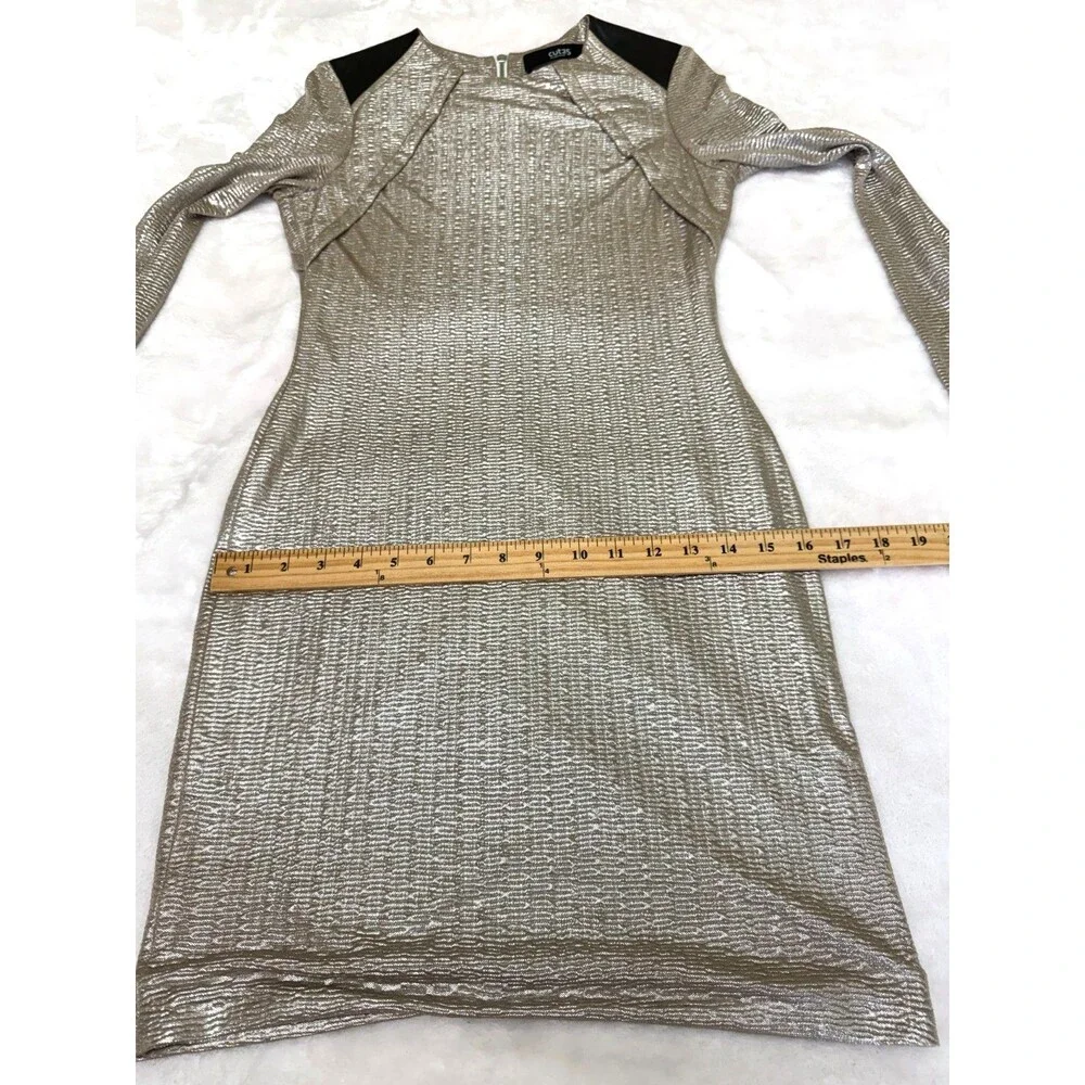 Cut25 Yigal Azrouël Gold Metallic Textured Dress Lambskin Trim Long Sleeve S